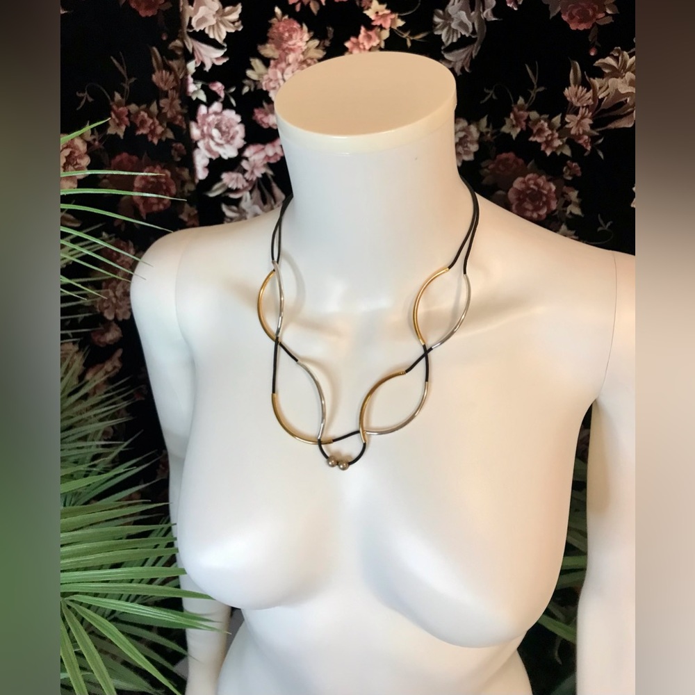 Lizzy James Modern Style Gold And Silver Tone Beaded Black Cord Necklace